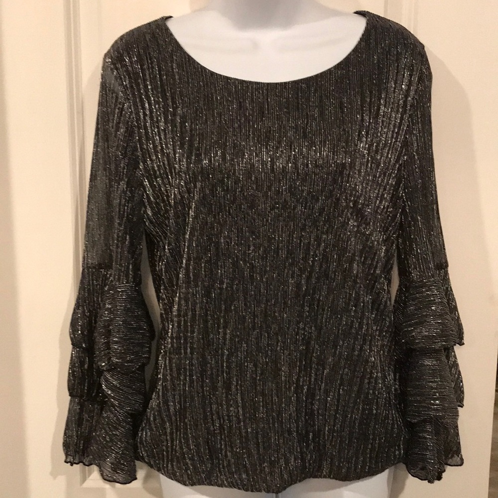 Alfani Black & Sliver, Fringed Sleeves Blouse, S